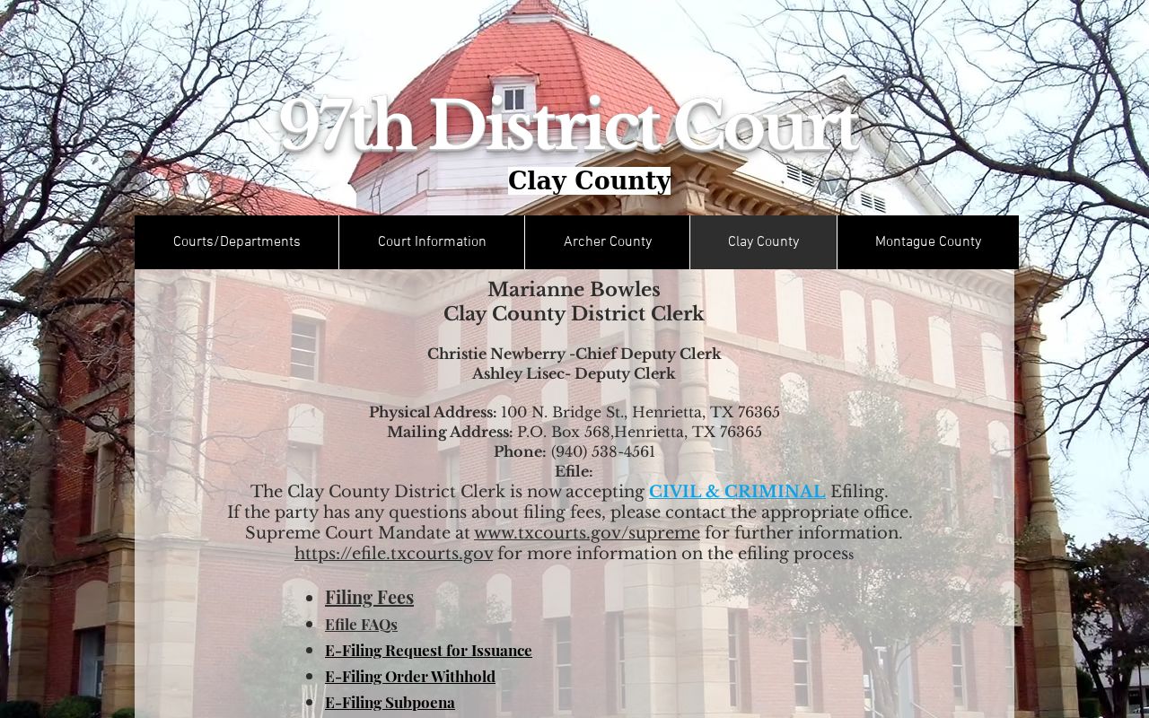 Clay County active warrant records: 97th District Court clerk contact block