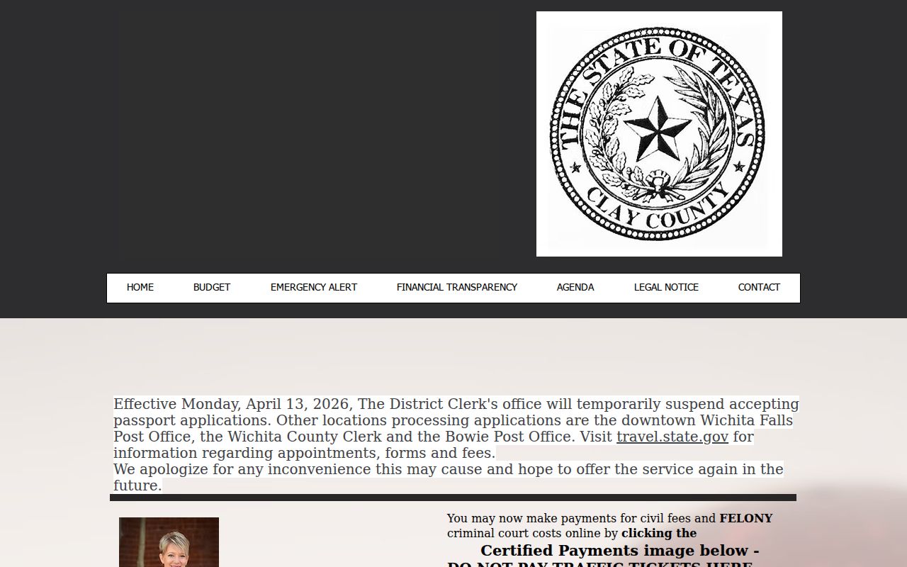 Clay County warrant records: District Clerk's first-floor counter