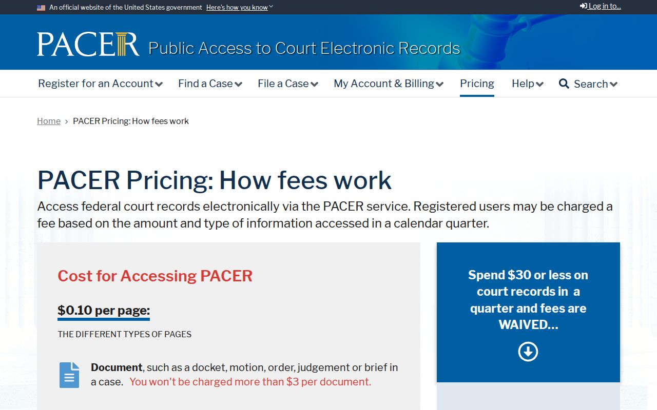Clay County arrest warrant context: federal PACER case-search fee information